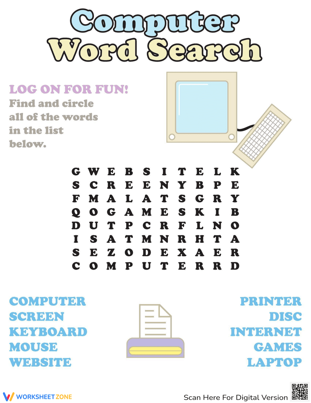 Computer Word Search - Tech Vocabulary Fun for Grades 2-4 - Page 1