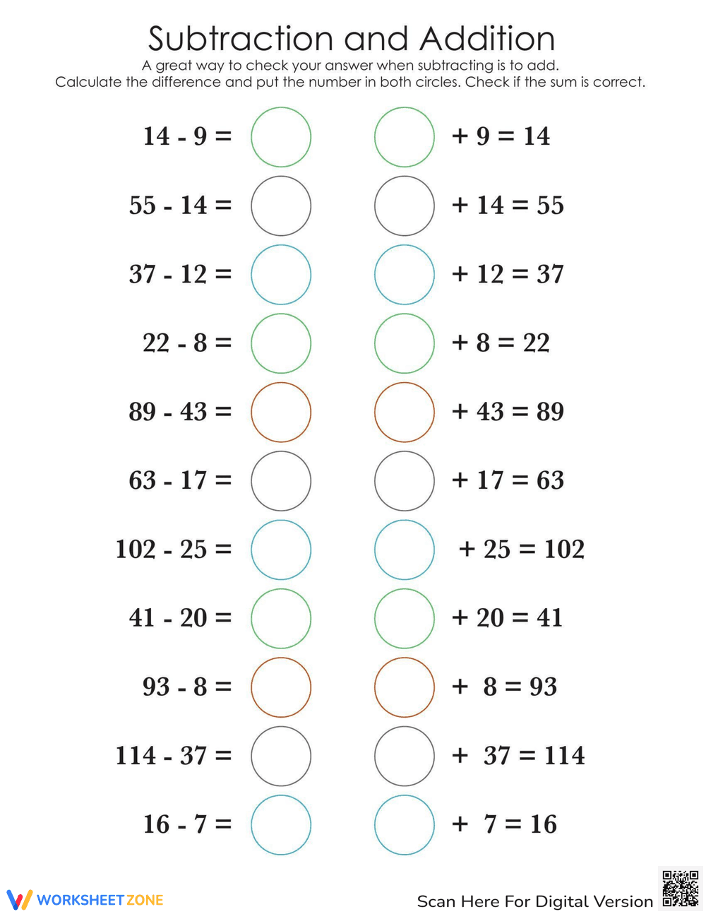 Check Work Subtraction Worksheet - Page 1