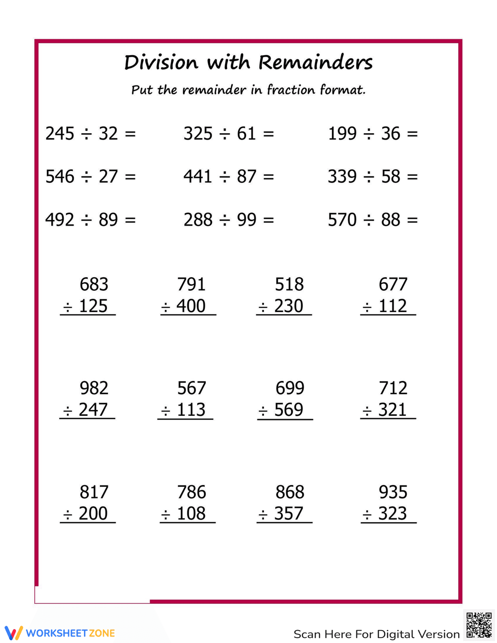 Division with Remainders Worksheet - Page 1