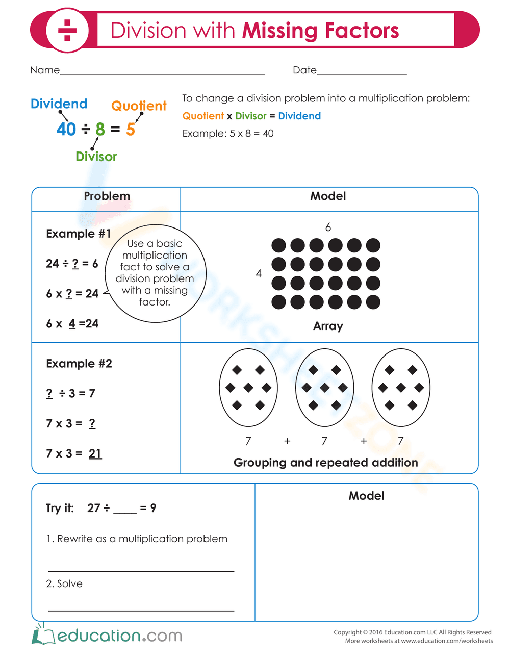 Division with Missing Factors Worksheet - Page 1