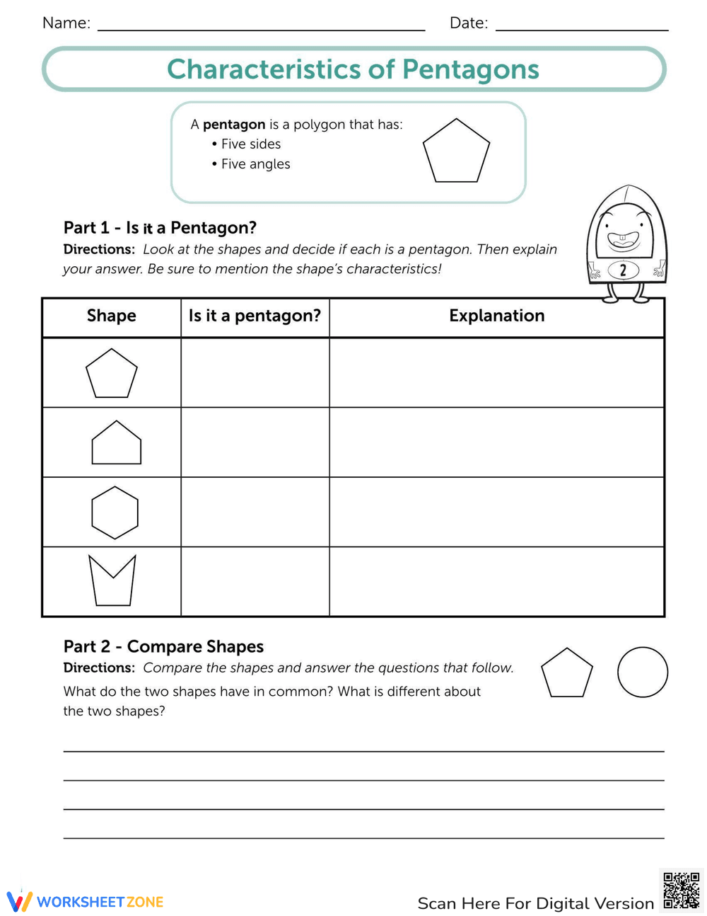 Characteristics of Pentagons Worksheet - Page 1