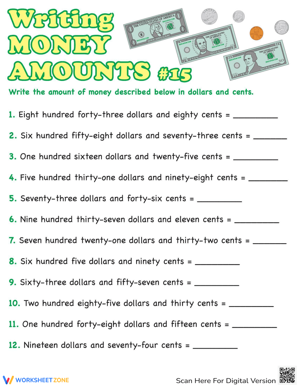 Writing Money Amounts Practice Sheet - Page 1