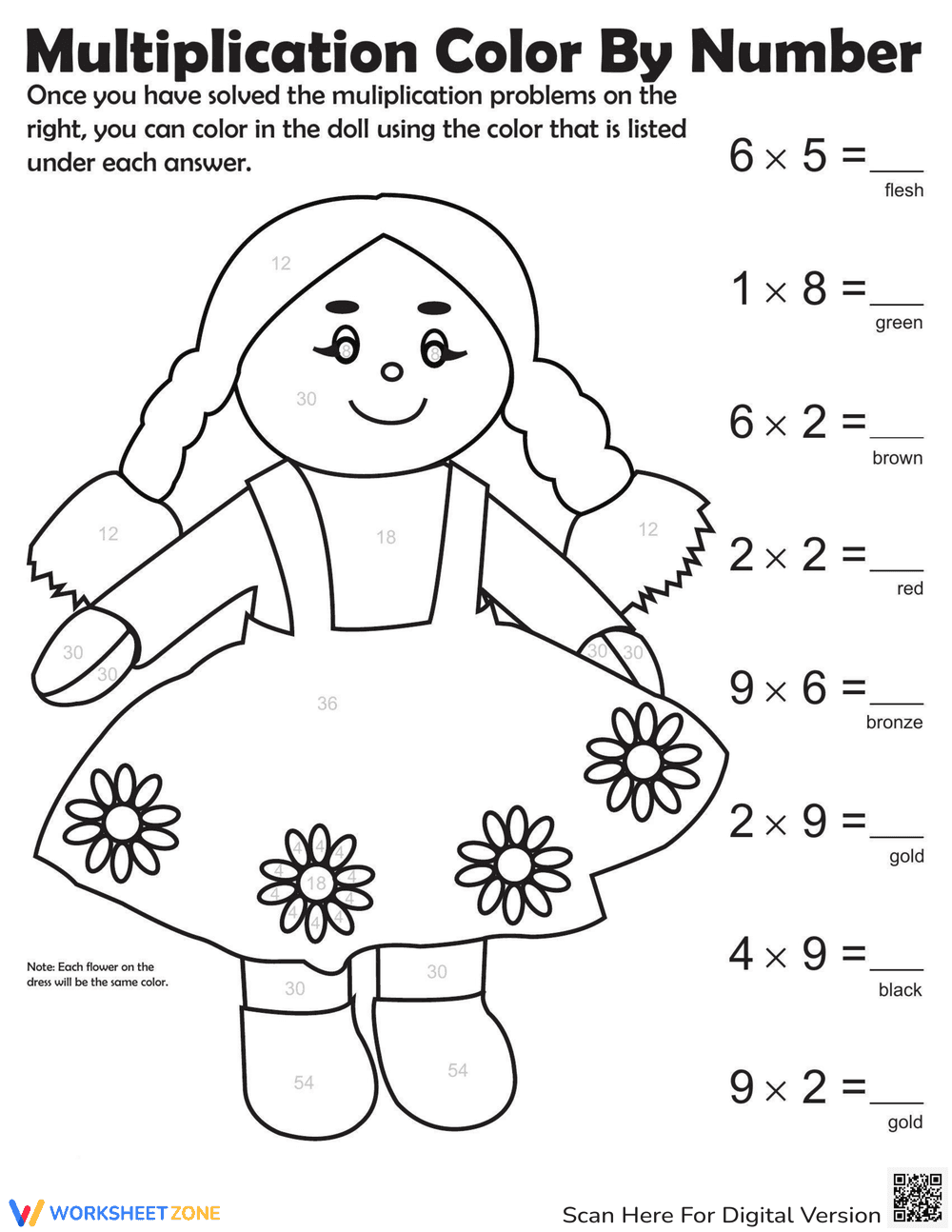 Multiplication Color by Number Worksheet - Page 1