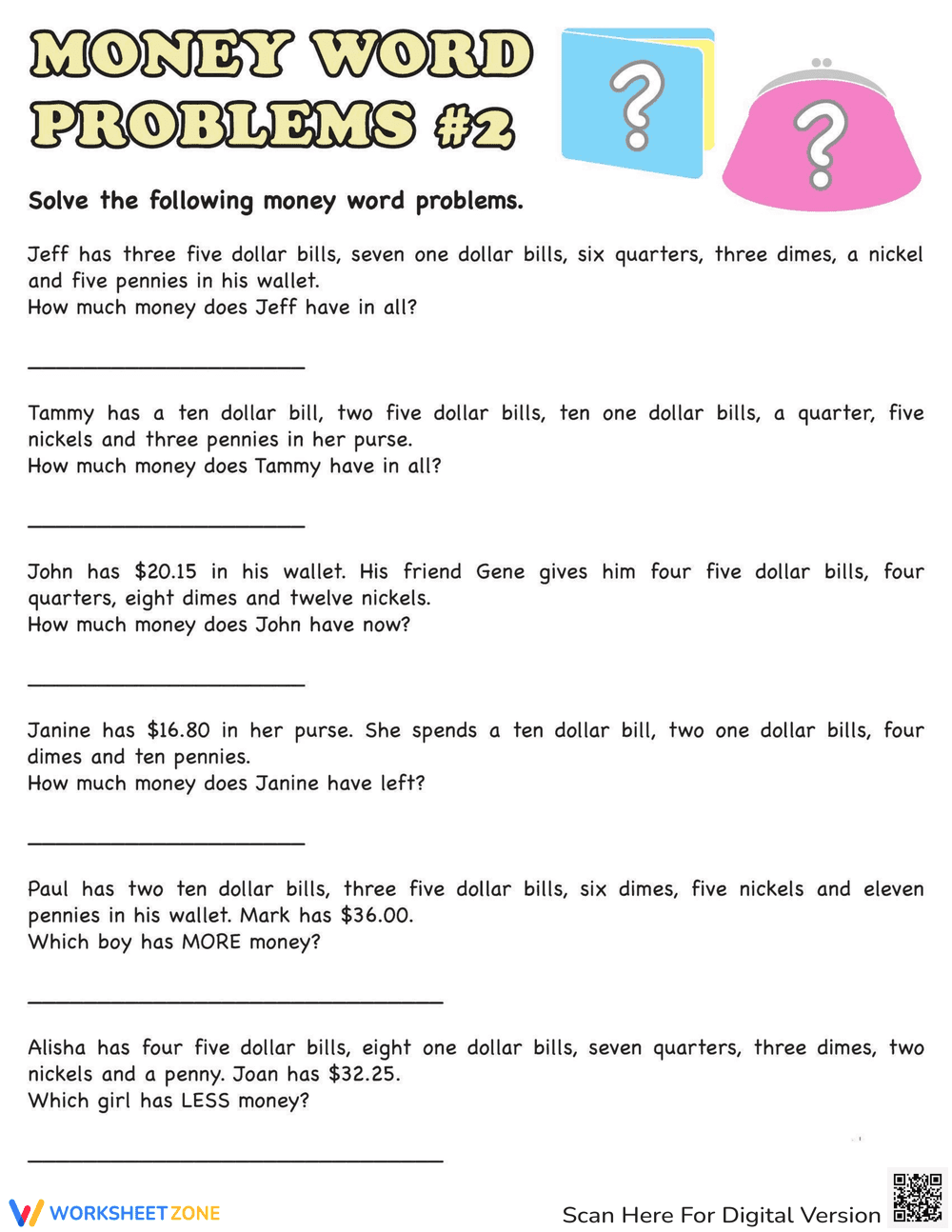 Money Word Problems Worksheet - Page 1