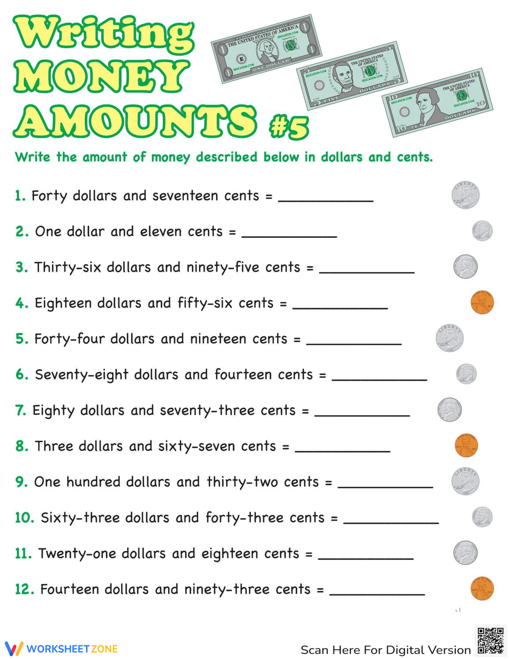 Writing Money Amounts With Coins - Page 1