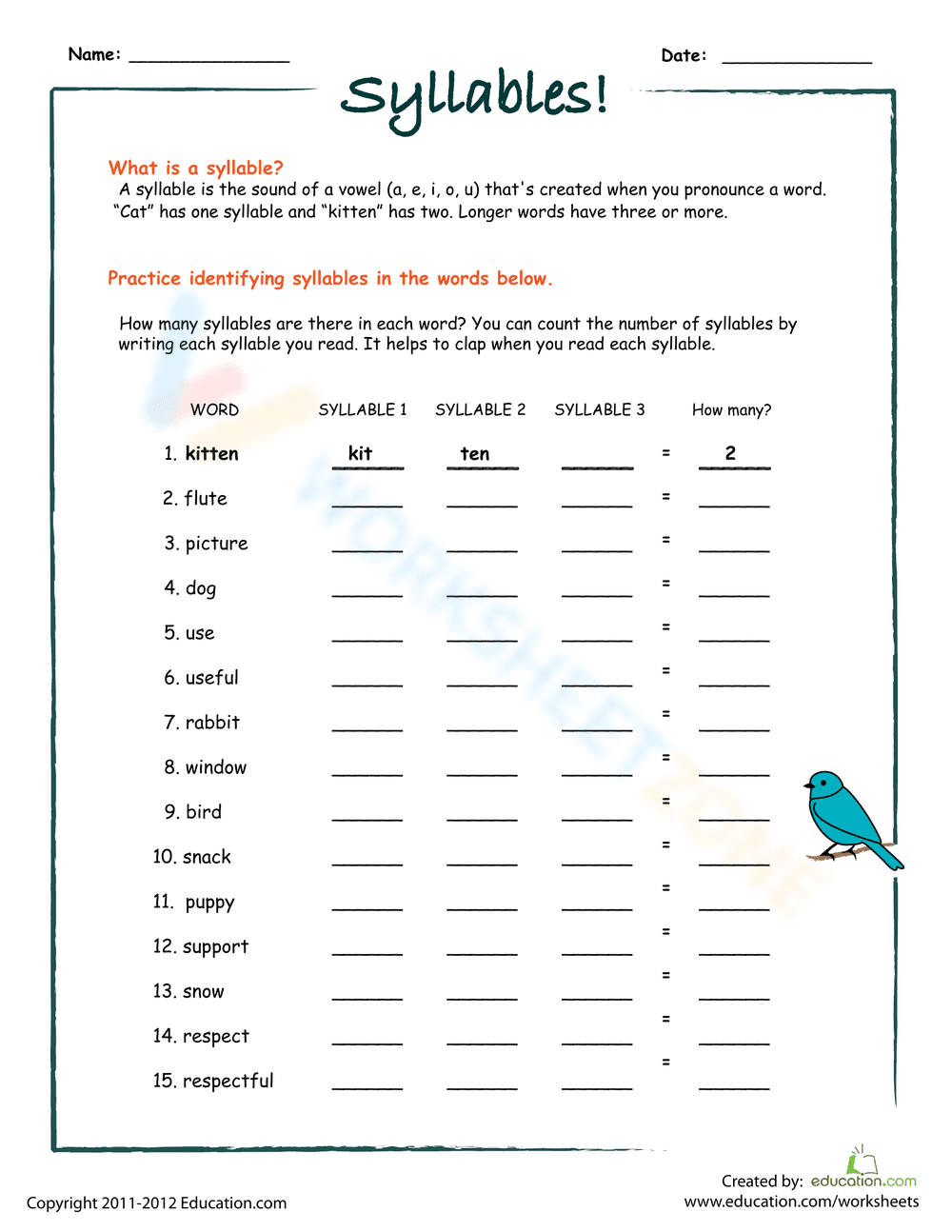 Counting Syllables Worksheet - Page 1