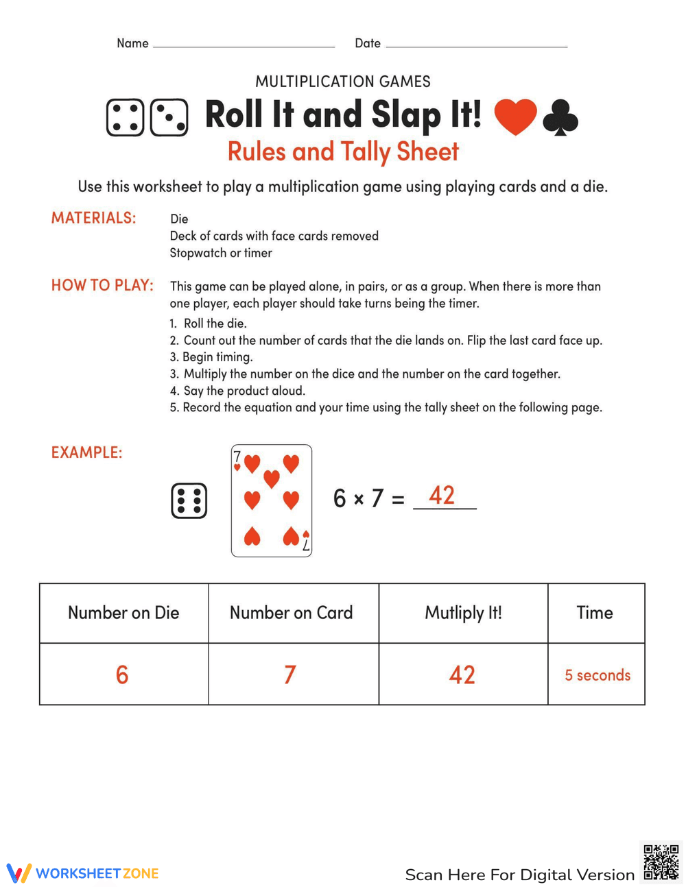 Roll It and Slap It Multiplication Game - Page 1