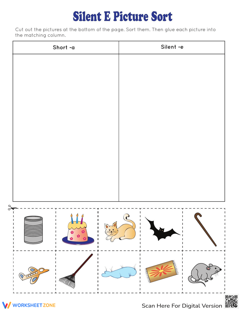 Silent E Picture Sort Worksheet - Page 1