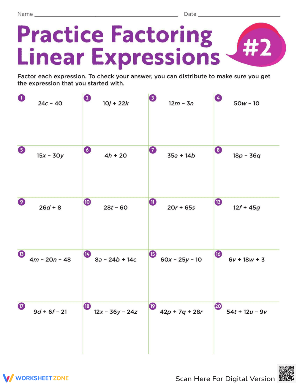 Practice Factoring Linear Expressions - Page 1