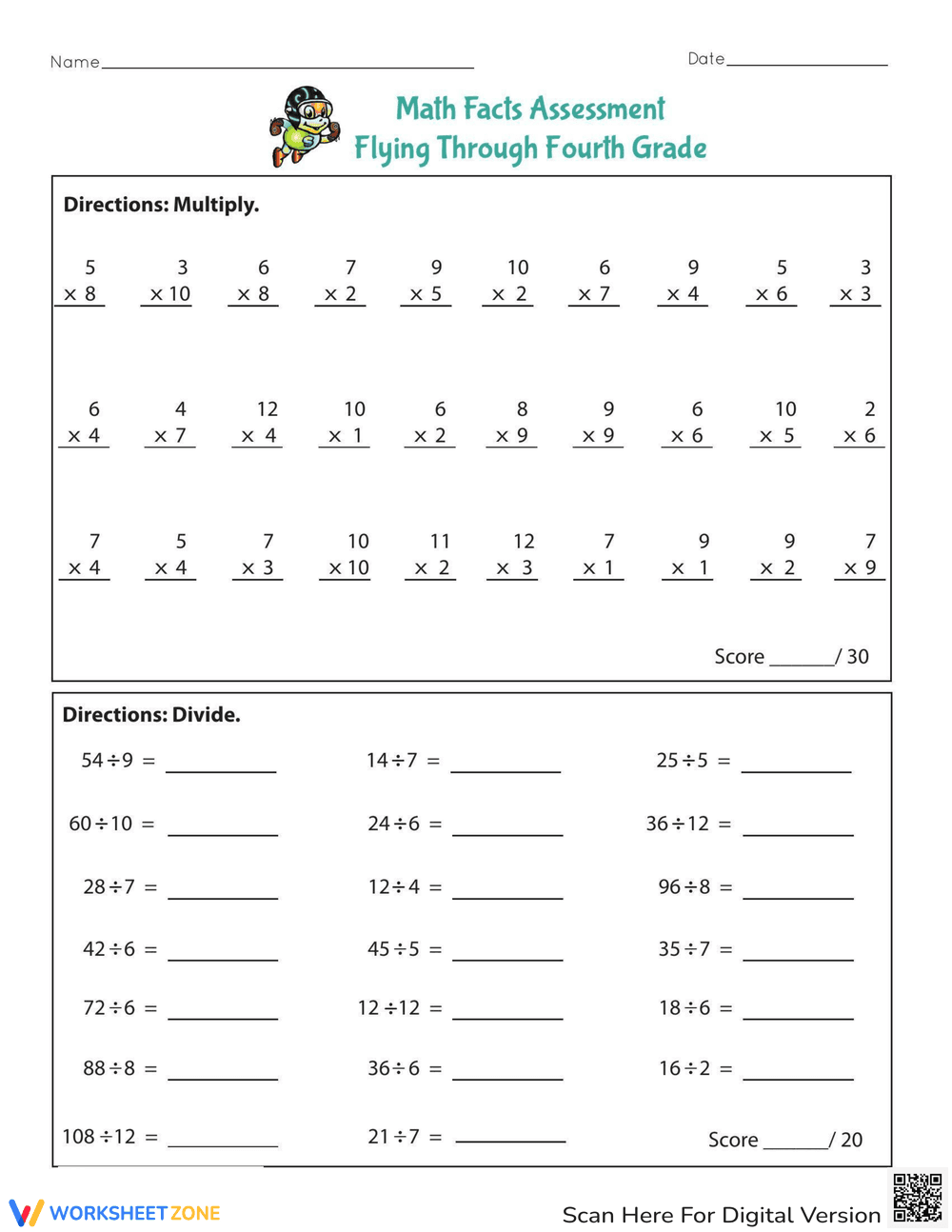 Math Facts Assessment for Fourth Grade - Page 1