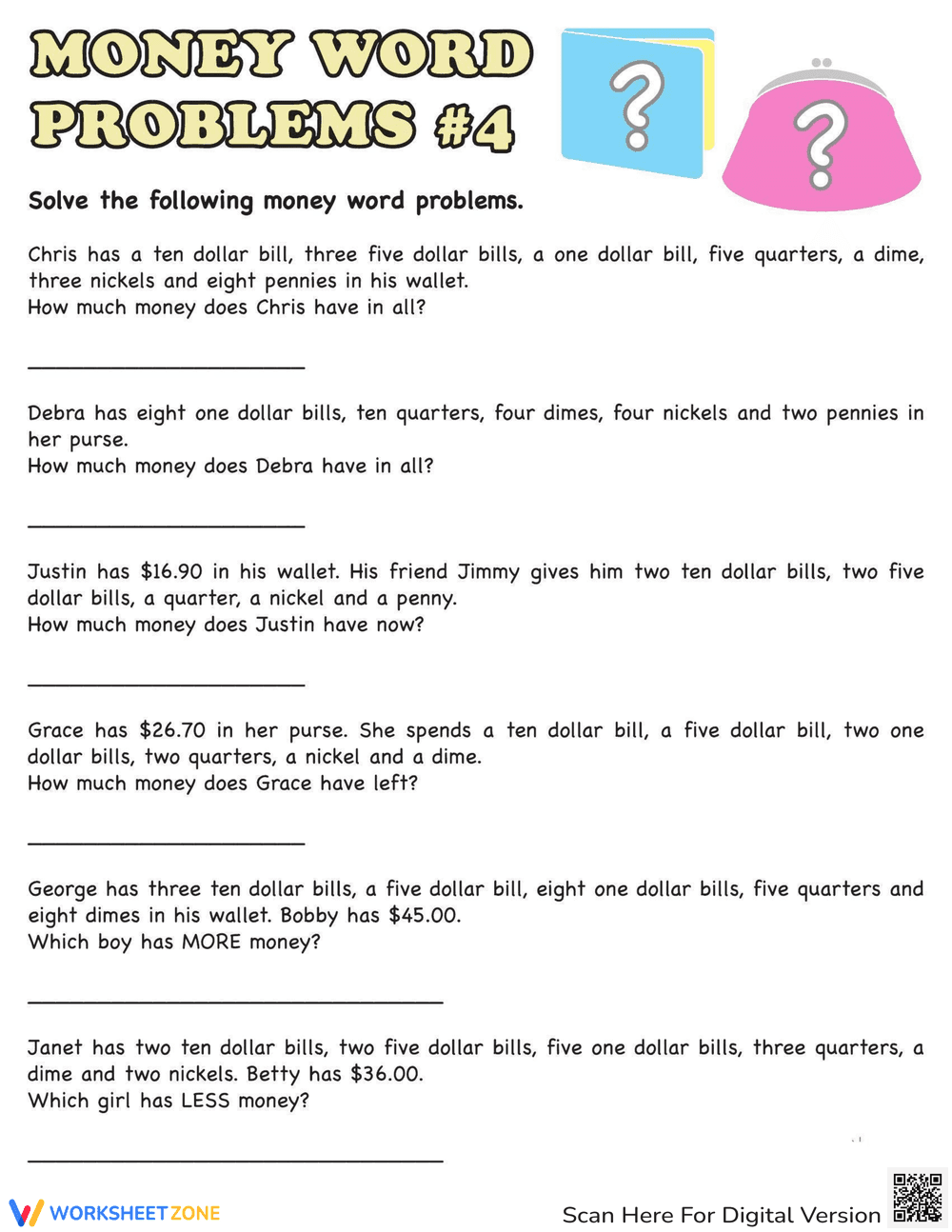 Solve Money Word Problems Worksheet - Page 1