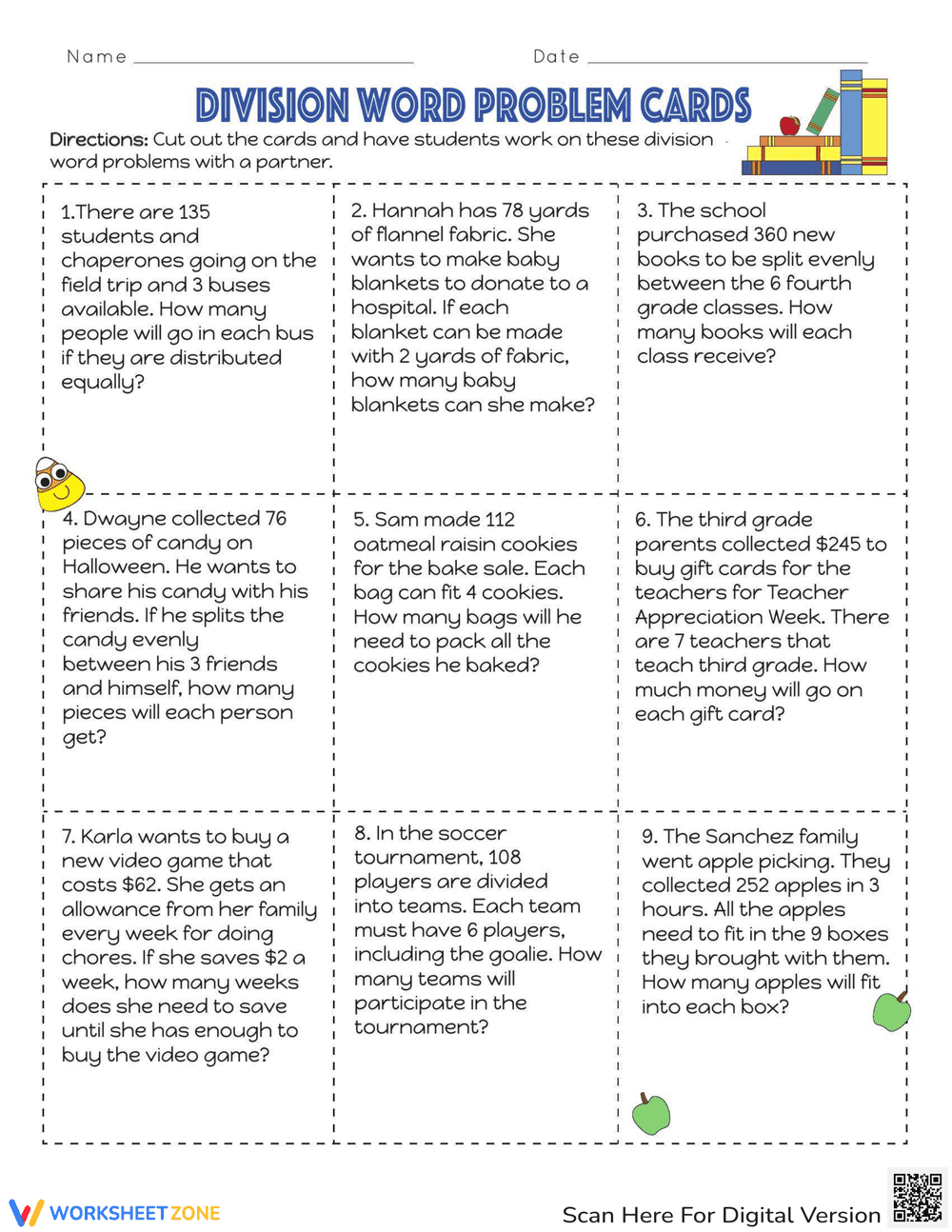 Division Word Problem Cards Worksheet - Page 1