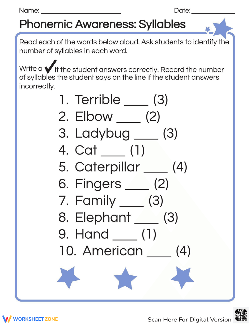 Phonemic Awareness: Syllables Counting - Page 1