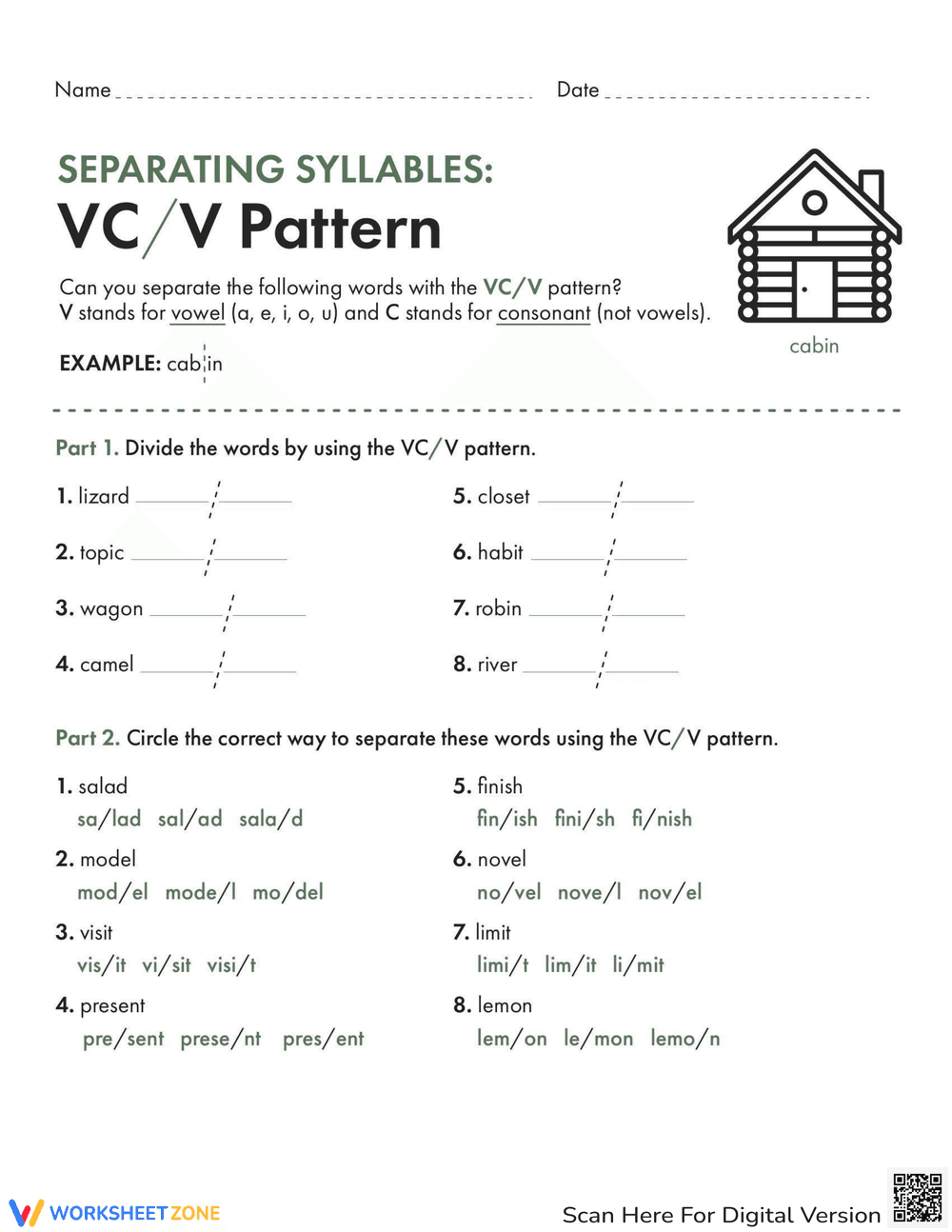 Separating Syllables Worksheet - Page 1