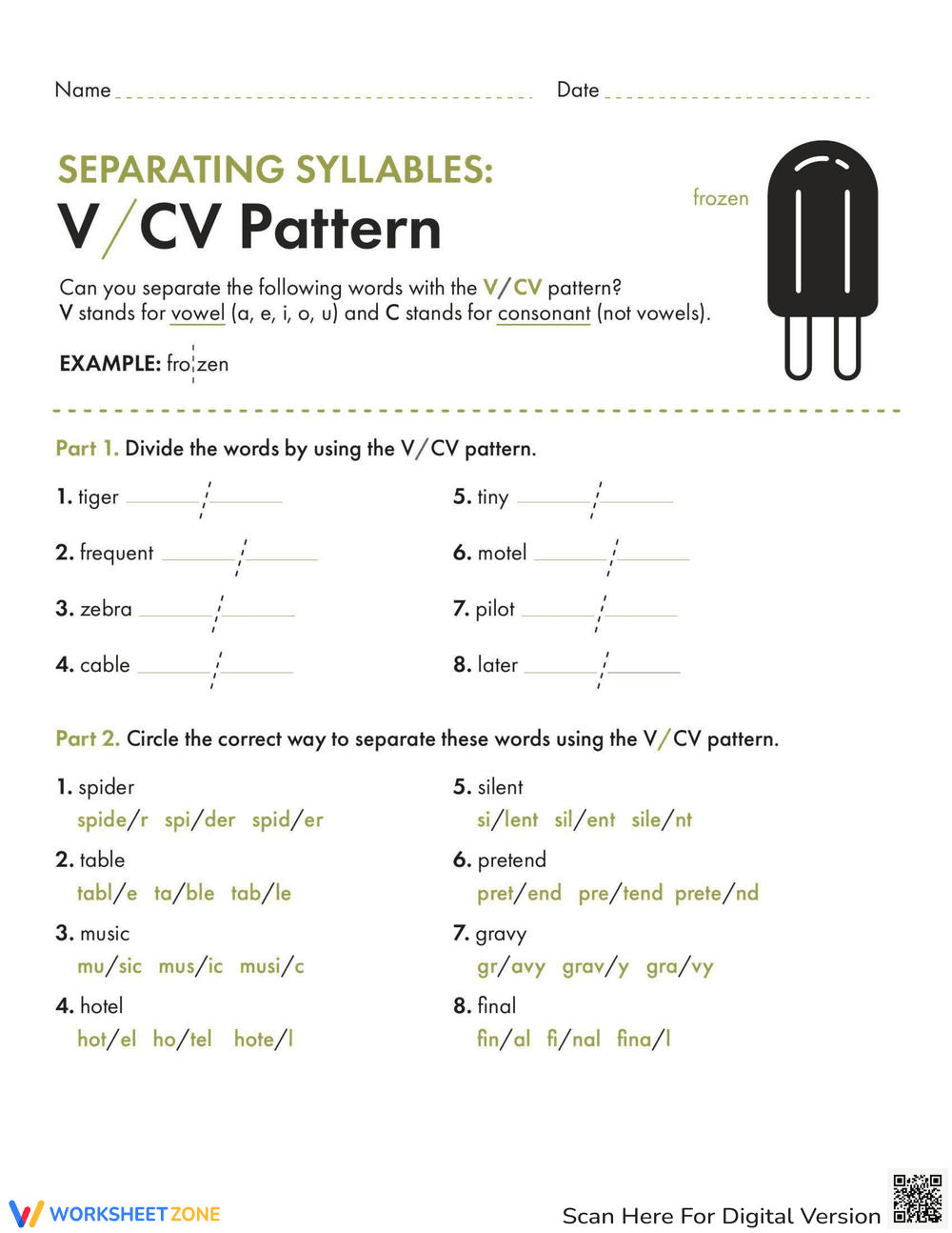 Separating Syllables Practice Worksheet - Page 1