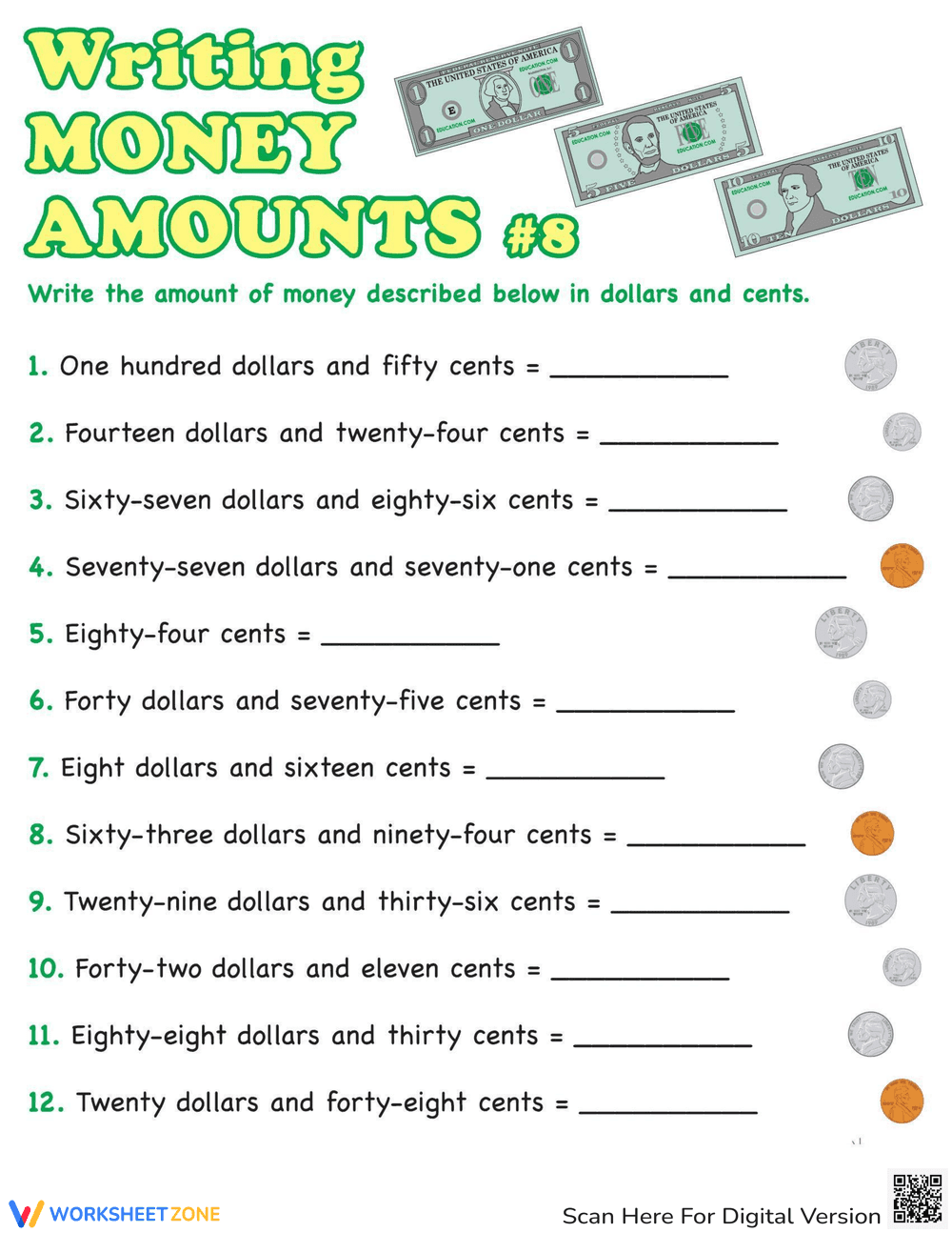 Writing Money Amounts: Practice - Page 1
