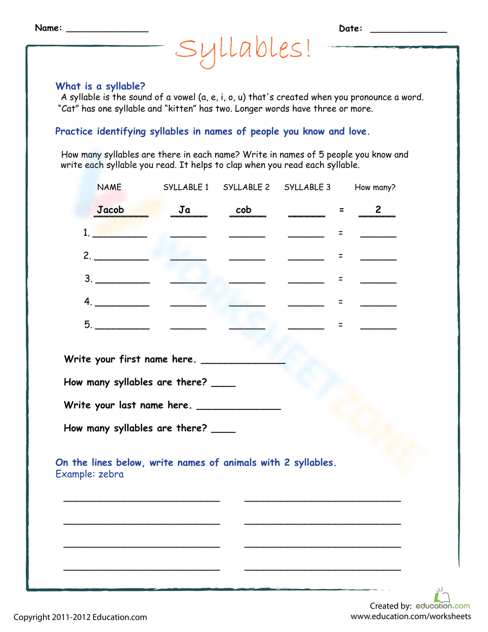 Counting Syllables: Language Practice - Page 1