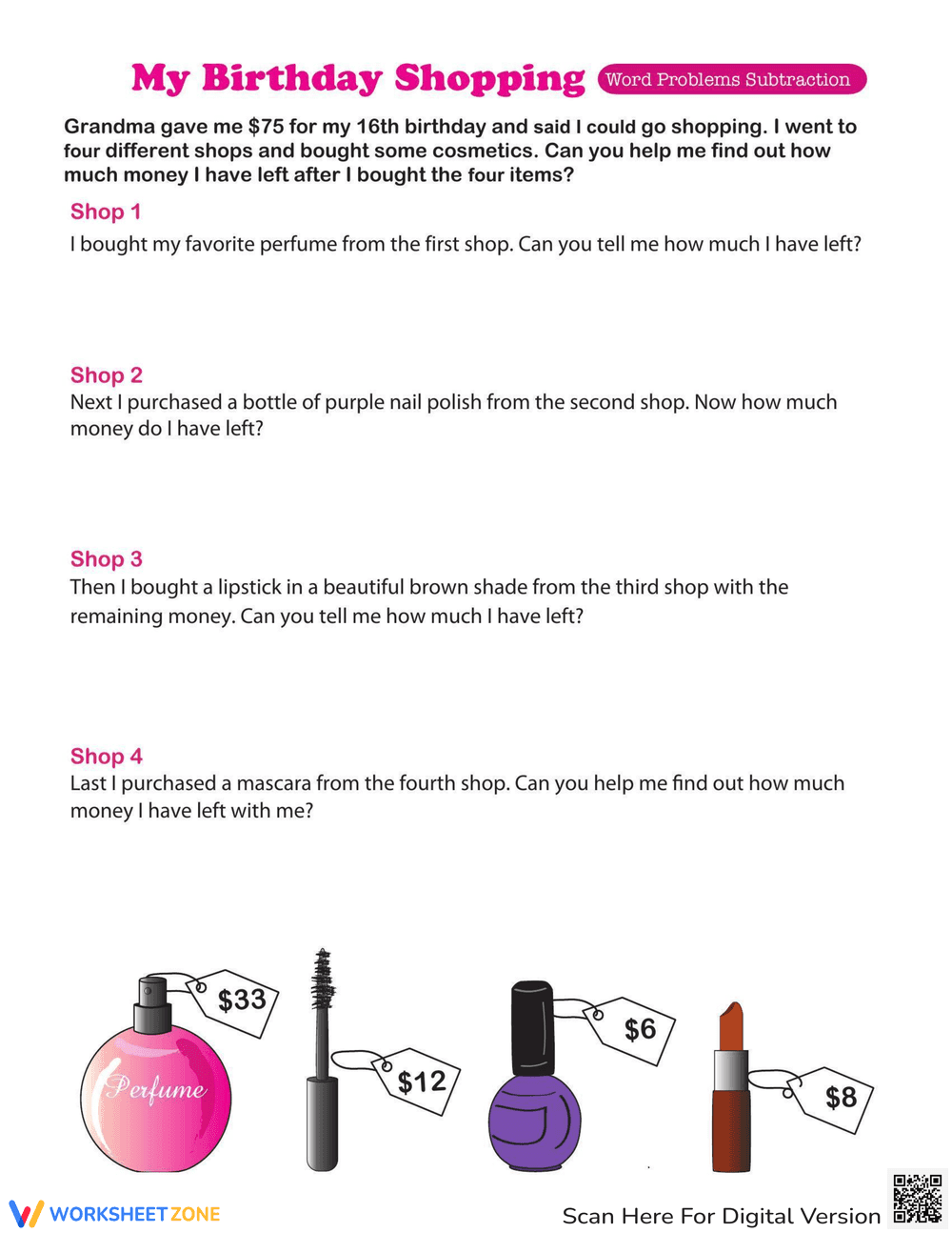 Word Problems with Money Subtraction - Page 1