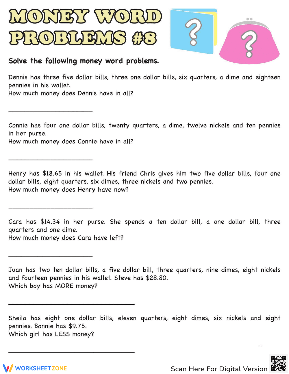 Solving Money Word Problems Worksheet - Page 1