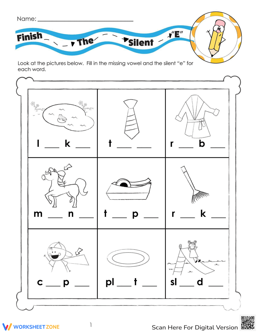 Finish the Silent E Word Worksheet - Page 1