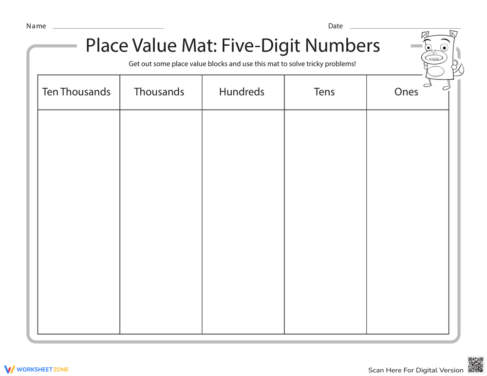 Five-Digit Numbers Place Value Mat Worksheet - Page 1