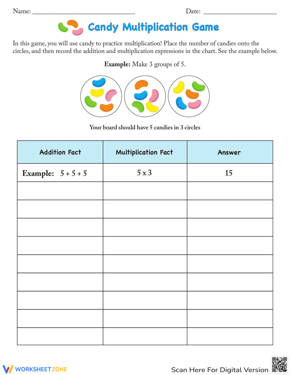 Candy Multiplication Game Worksheet - Page 1
