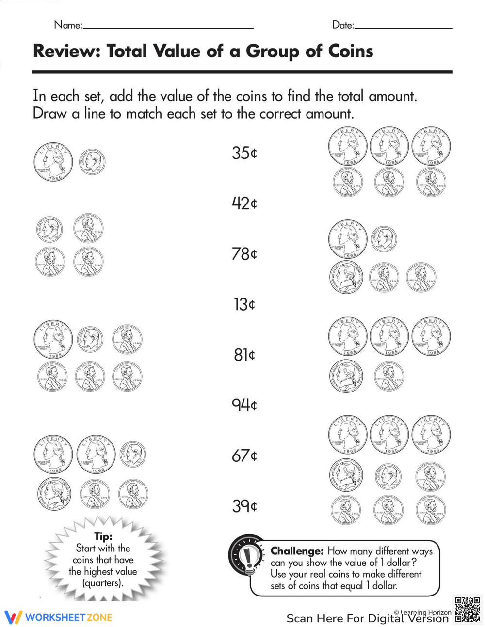 Coin Challenge Total Worksheet - Page 1
