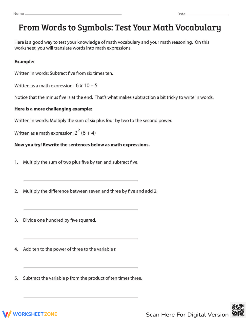 Math Vocabulary Worksheet - Page 1