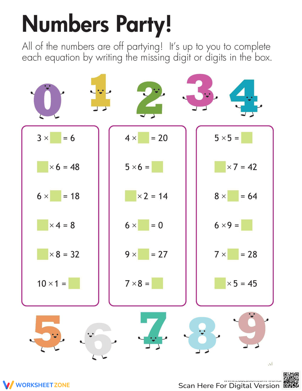 Multiplication Numbers Party Worksheet - Page 1