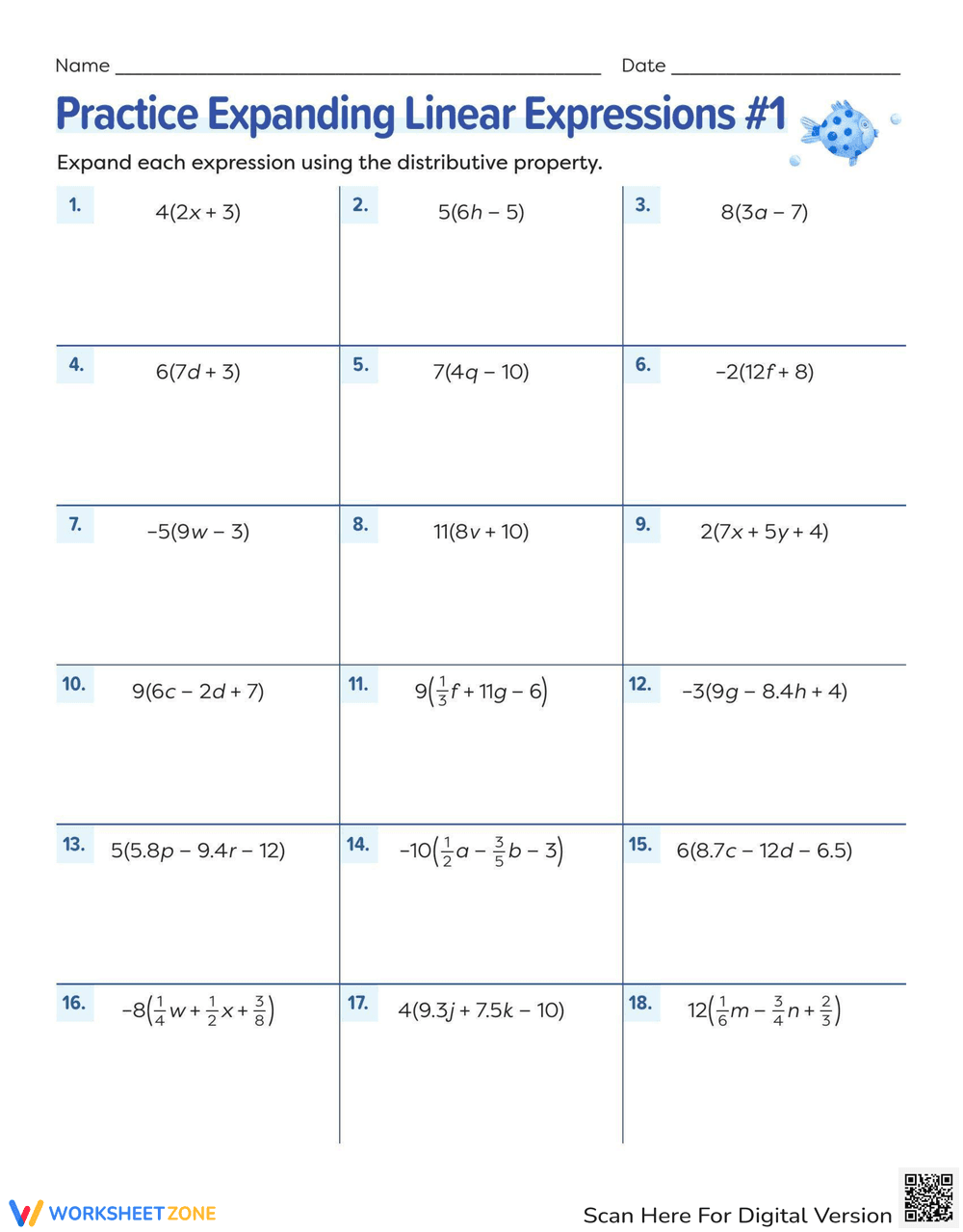 Expanding Linear Expressions Worksheet - Page 1