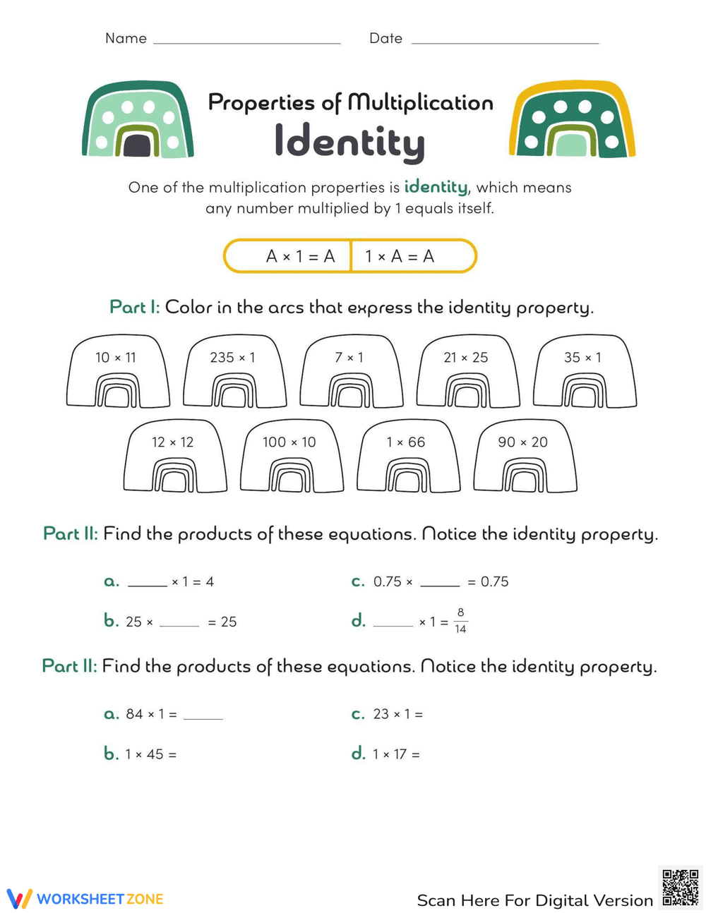 Multiplication Properties: Identity Property - Page 1