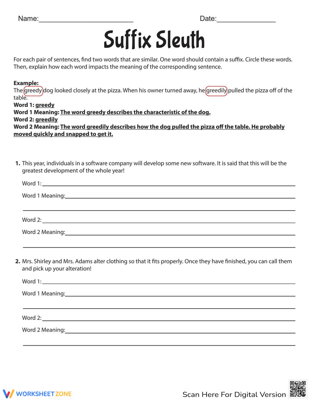 Suffix Sleuth Worksheet - Page 1