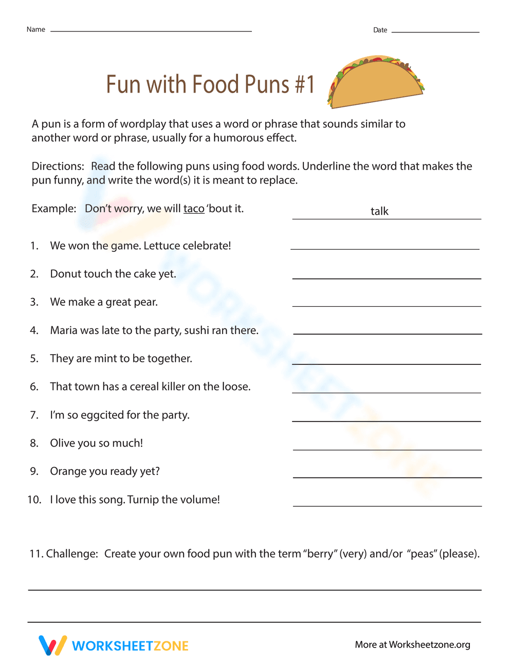 Fun with Food Puns Worksheet - Page 1