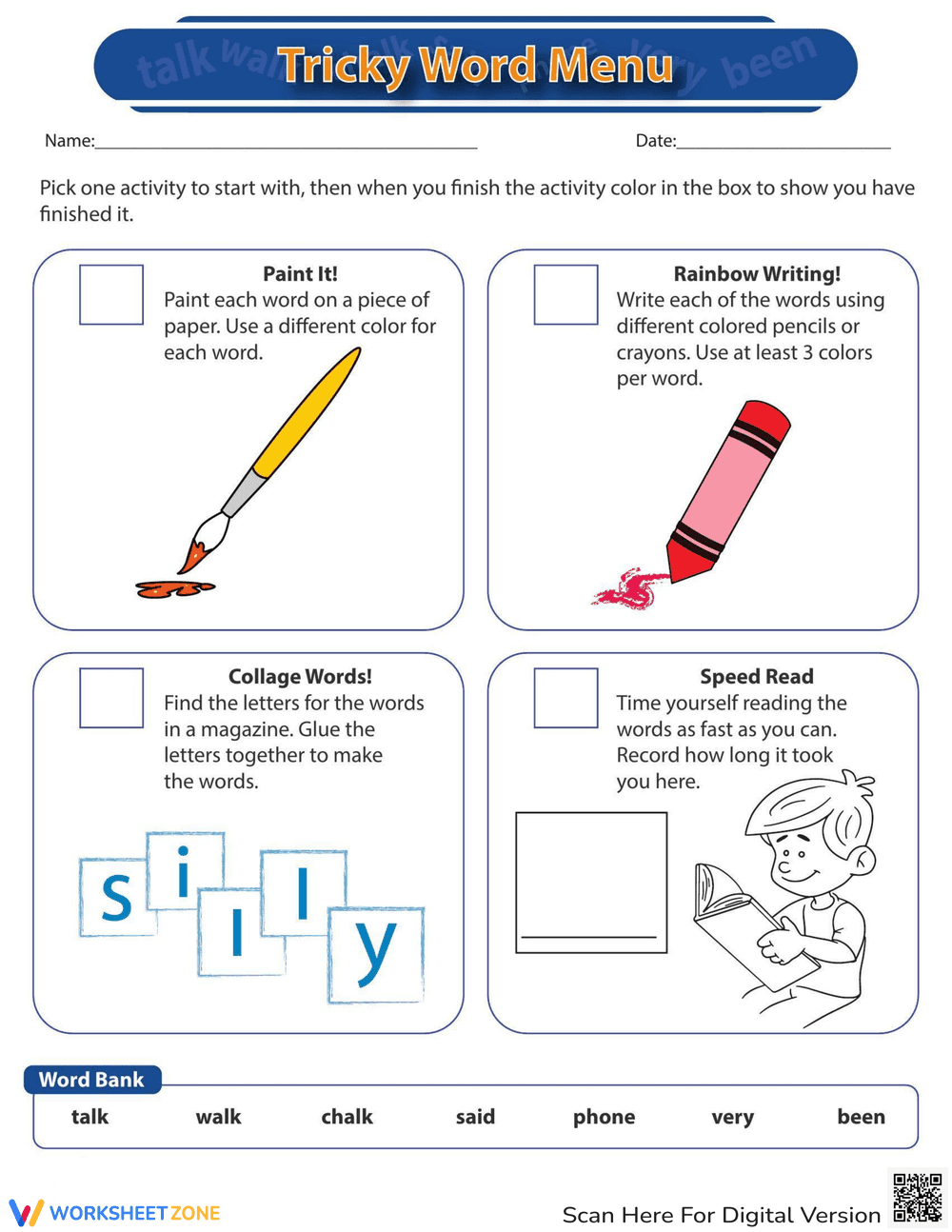 Tricky Word Menu: Spelling Practice - Page 1