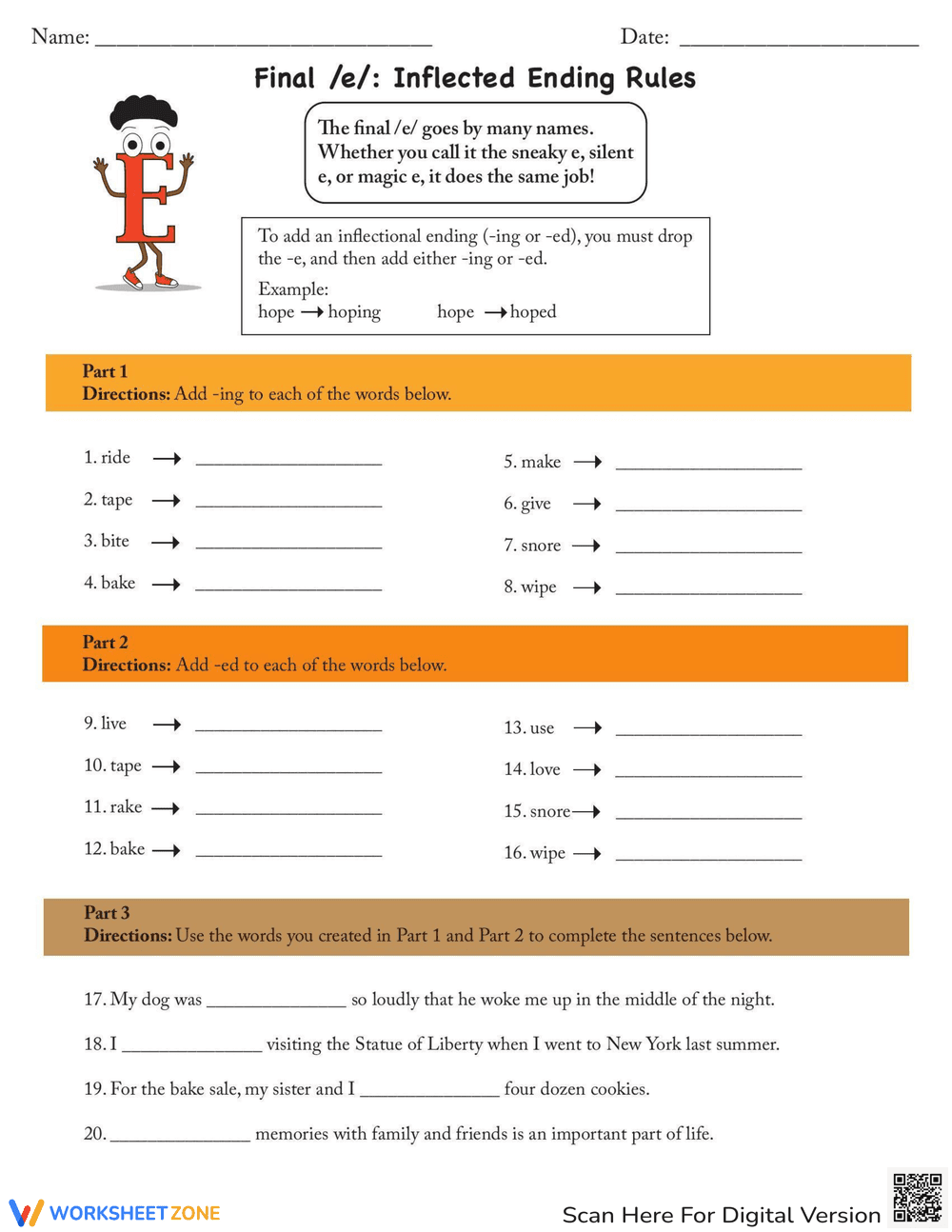 Master Inflected Endings with Final E Rules - Page 1