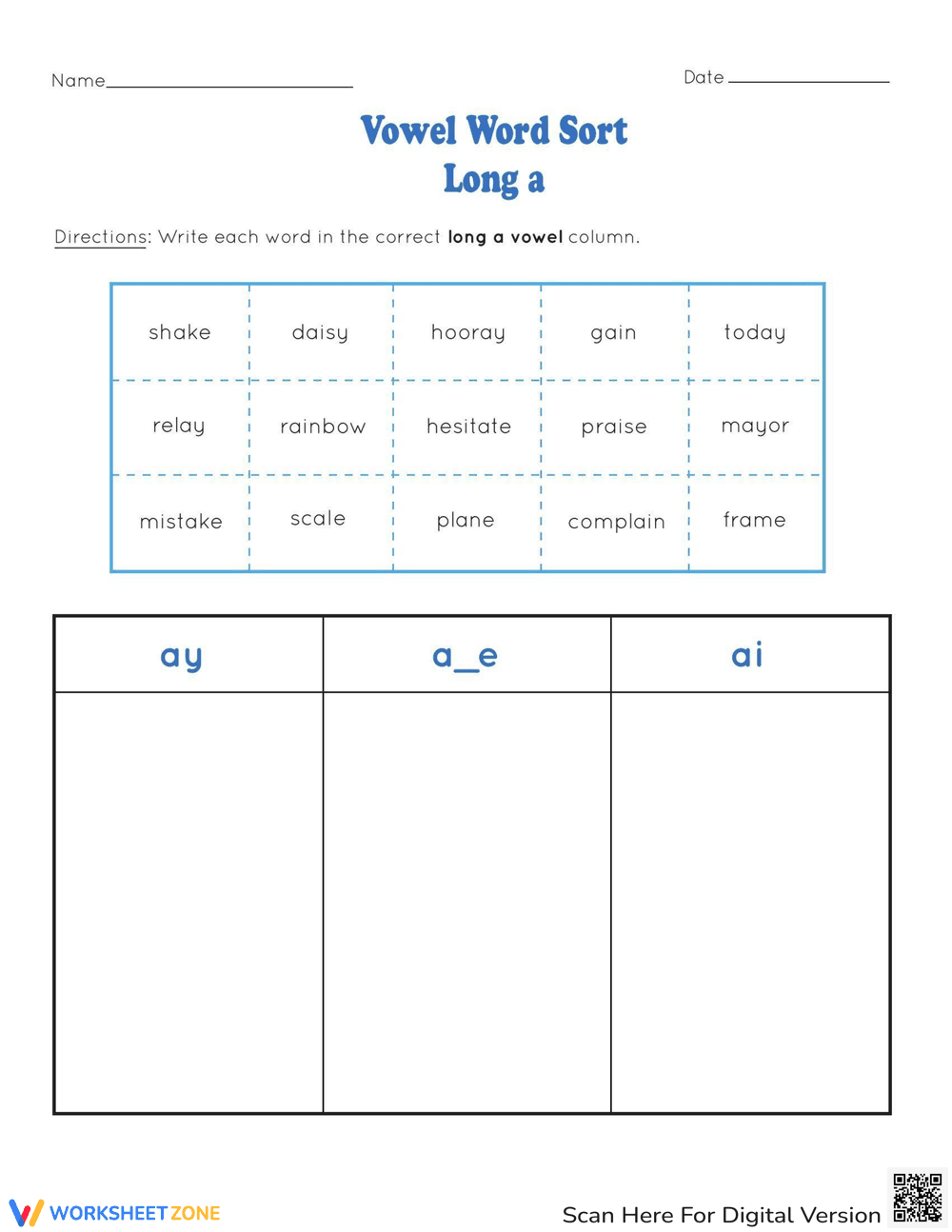 Long A Vowel Word Sort Worksheet - Page 1