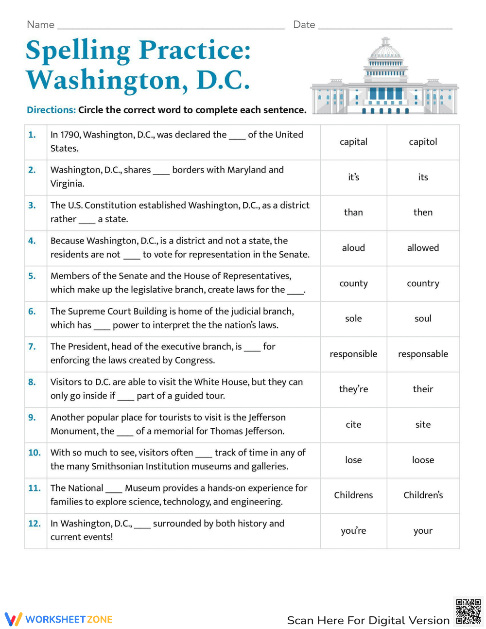 Spelling Practice with Washington D.C. Theme - Page 1