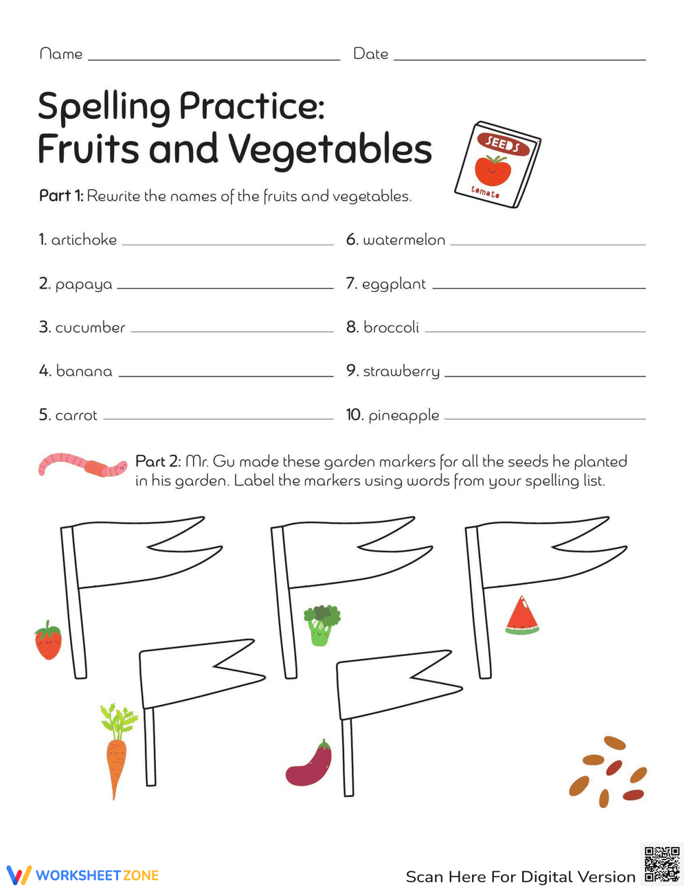 3rd Grade Spelling: Fruits & Veggies Theme - Page 1
