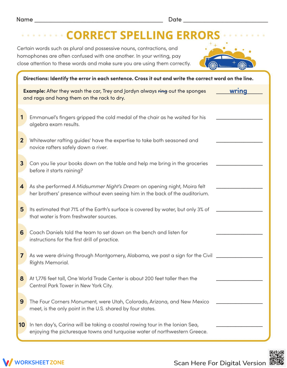 Correct Spelling Errors Worksheet - Page 1