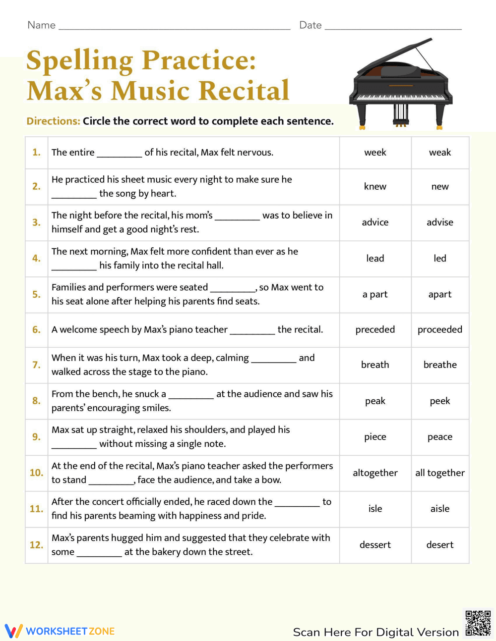 Spelling Practice: Max's Music Recital - Page 1