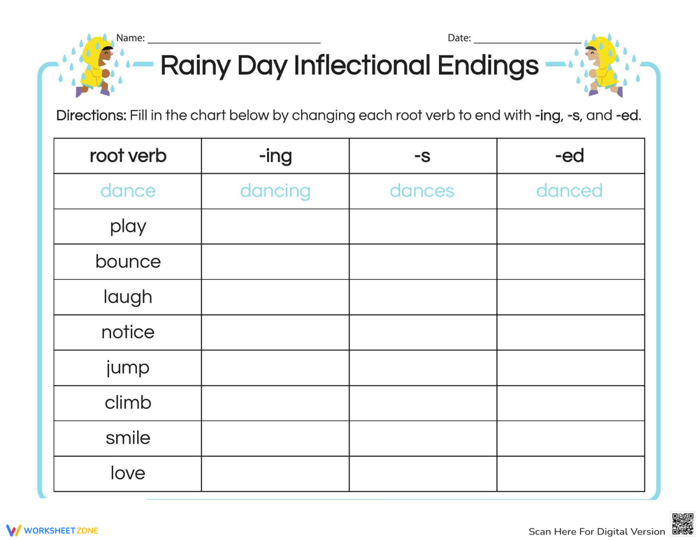 Rainy Day Inflectional Endings Practice - Page 1