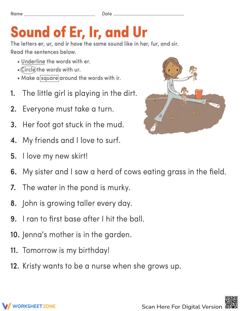 ER, IR, UR Words Practice Worksheet - Page 1