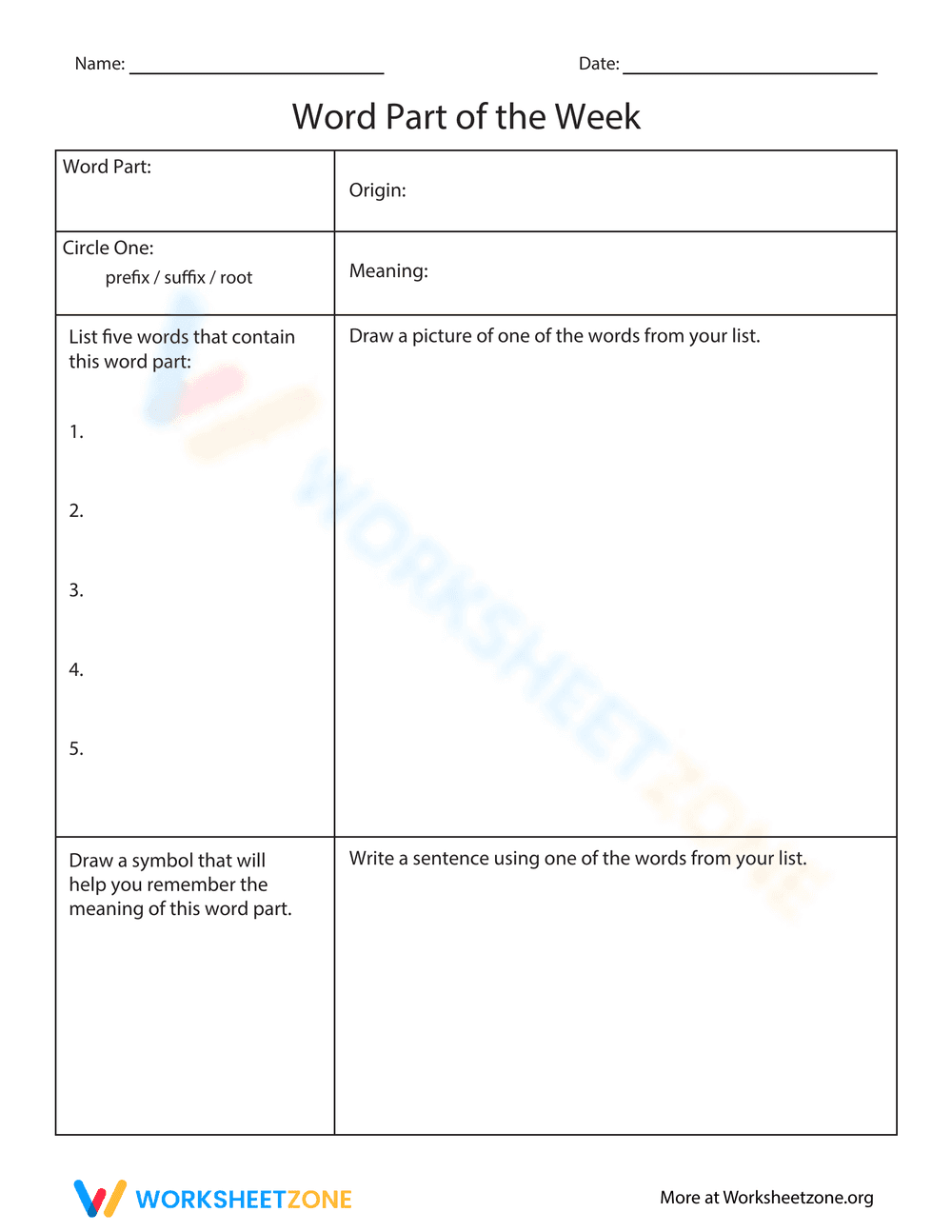 Word Part of the Week Worksheet - Page 1