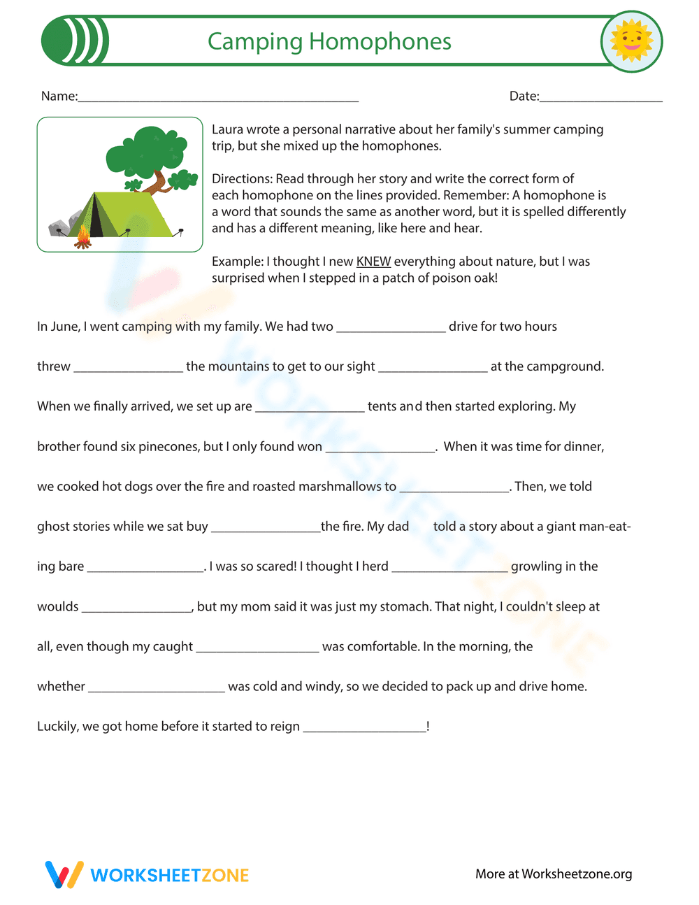 Camping Homophones Worksheet - Page 1