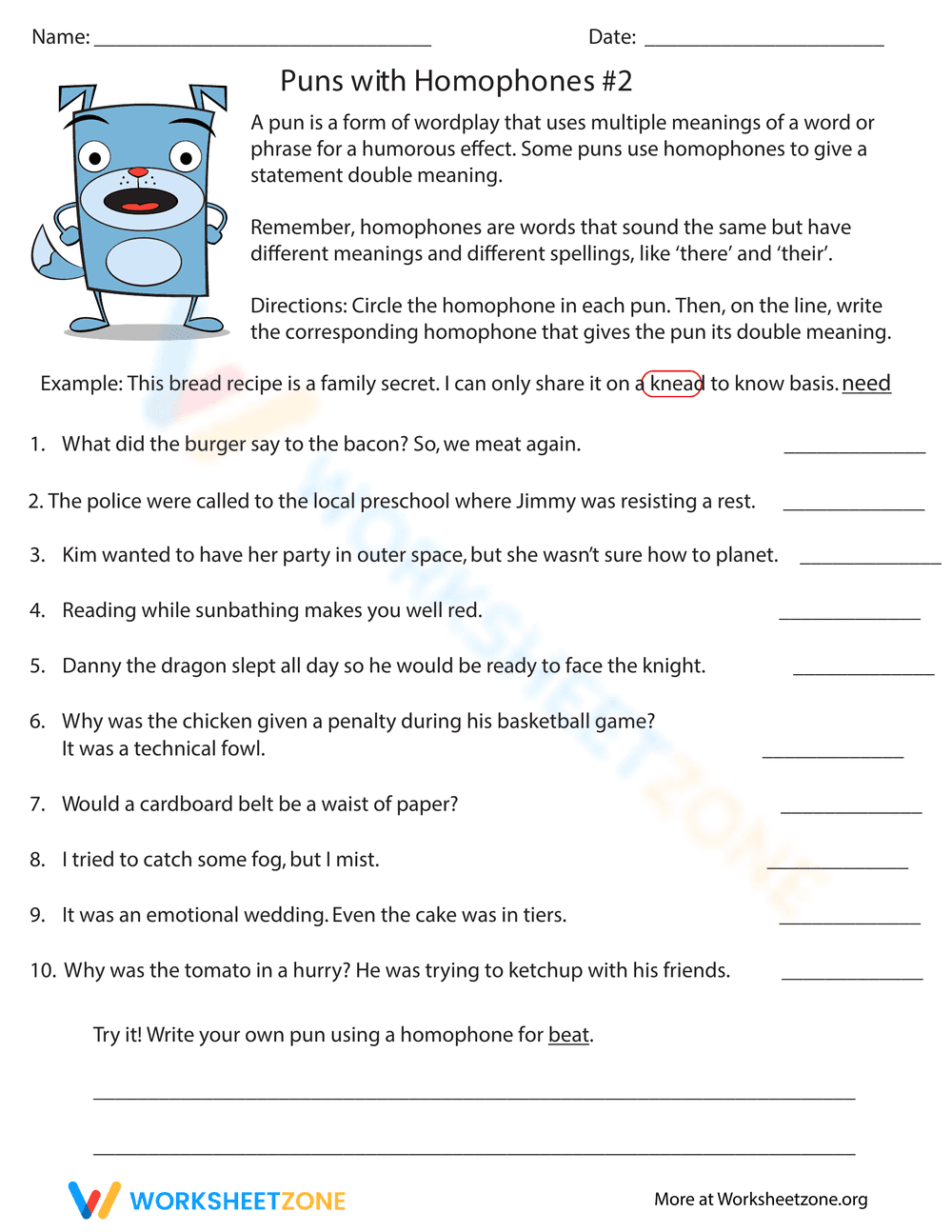 Puns with Homophones Worksheet - Page 1
