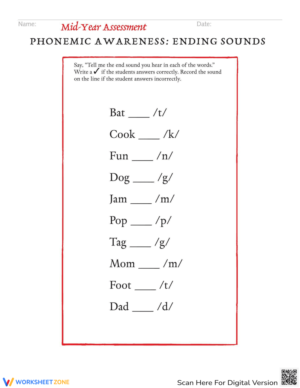 Mid-Year Assessment Phonemic Awareness: Ending Sounds - Page 1