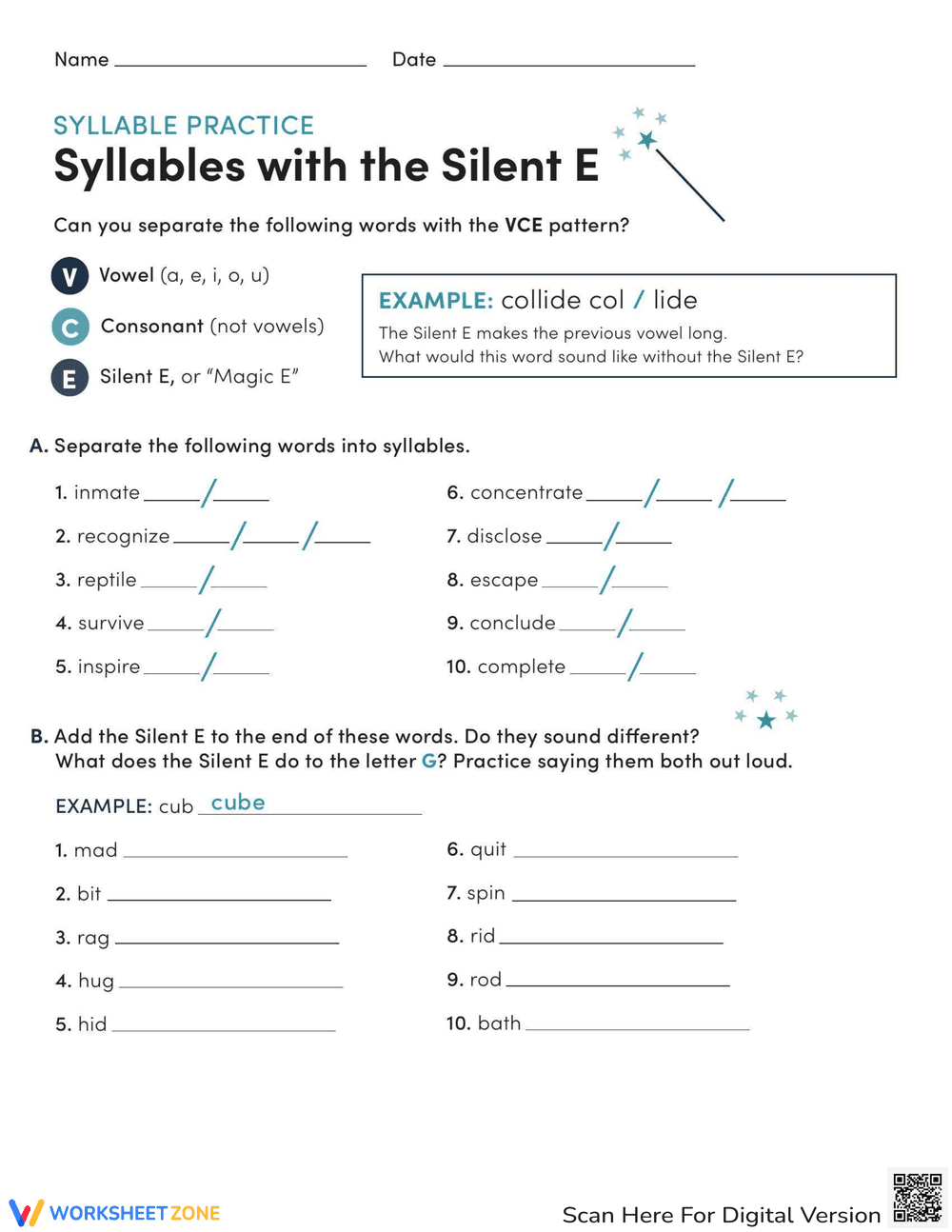 Syllable Practice: Syllables with the Silent E - Page 1