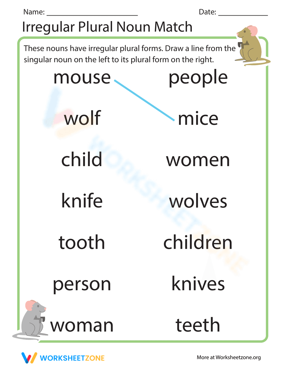 Matching Irregular Plural Nouns Worksheet - Page 1