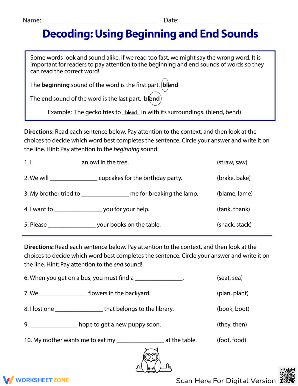 Decoding: Using Beginning and End Sounds - Page 1