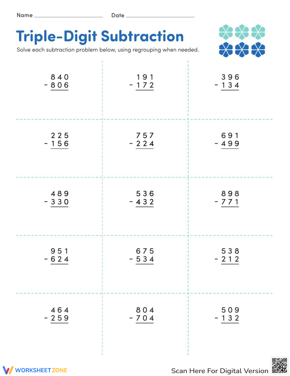 Triple Digit Subtraction Practice - Page 1